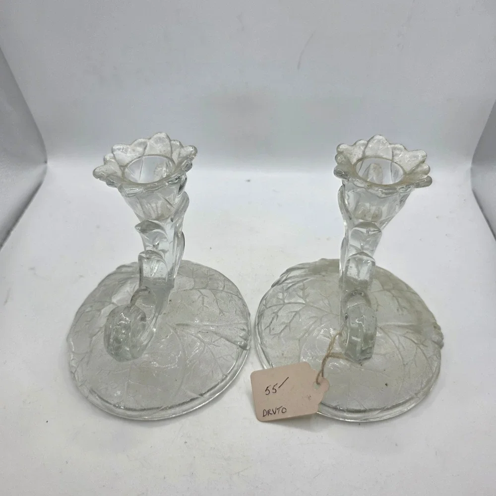 Vintage Fostoria Clear Glass Floral Scroll Candlestick Holders Pair Candle Holde